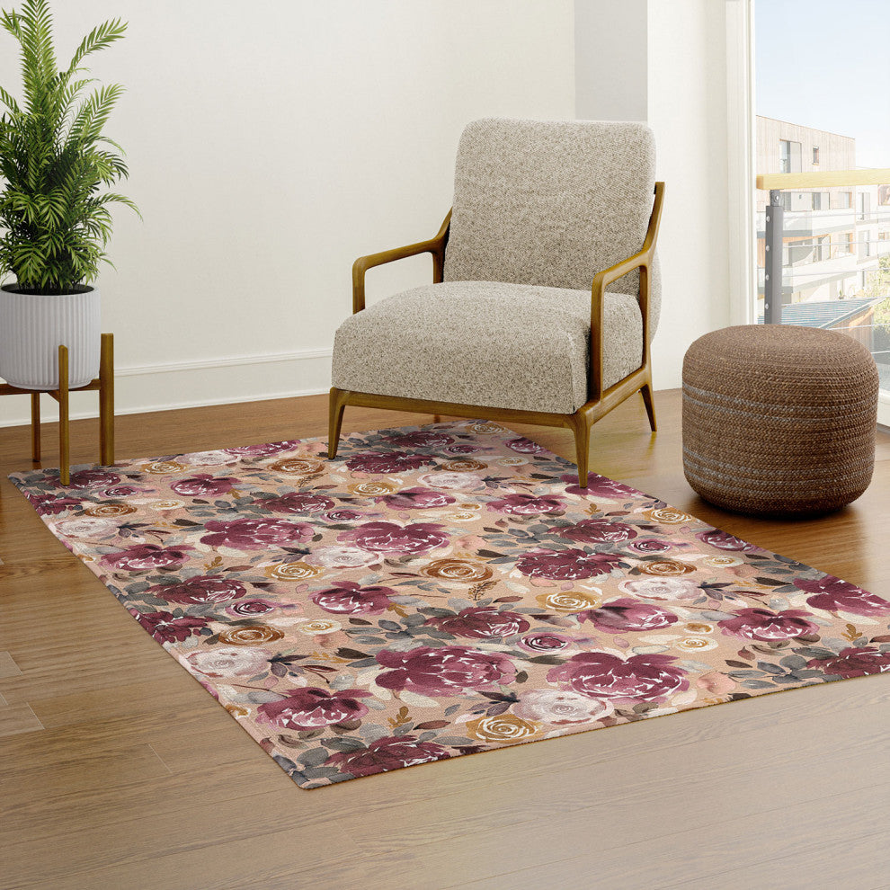 Ninola Design Vintage Peonies Beige Burgundy Area Rug
