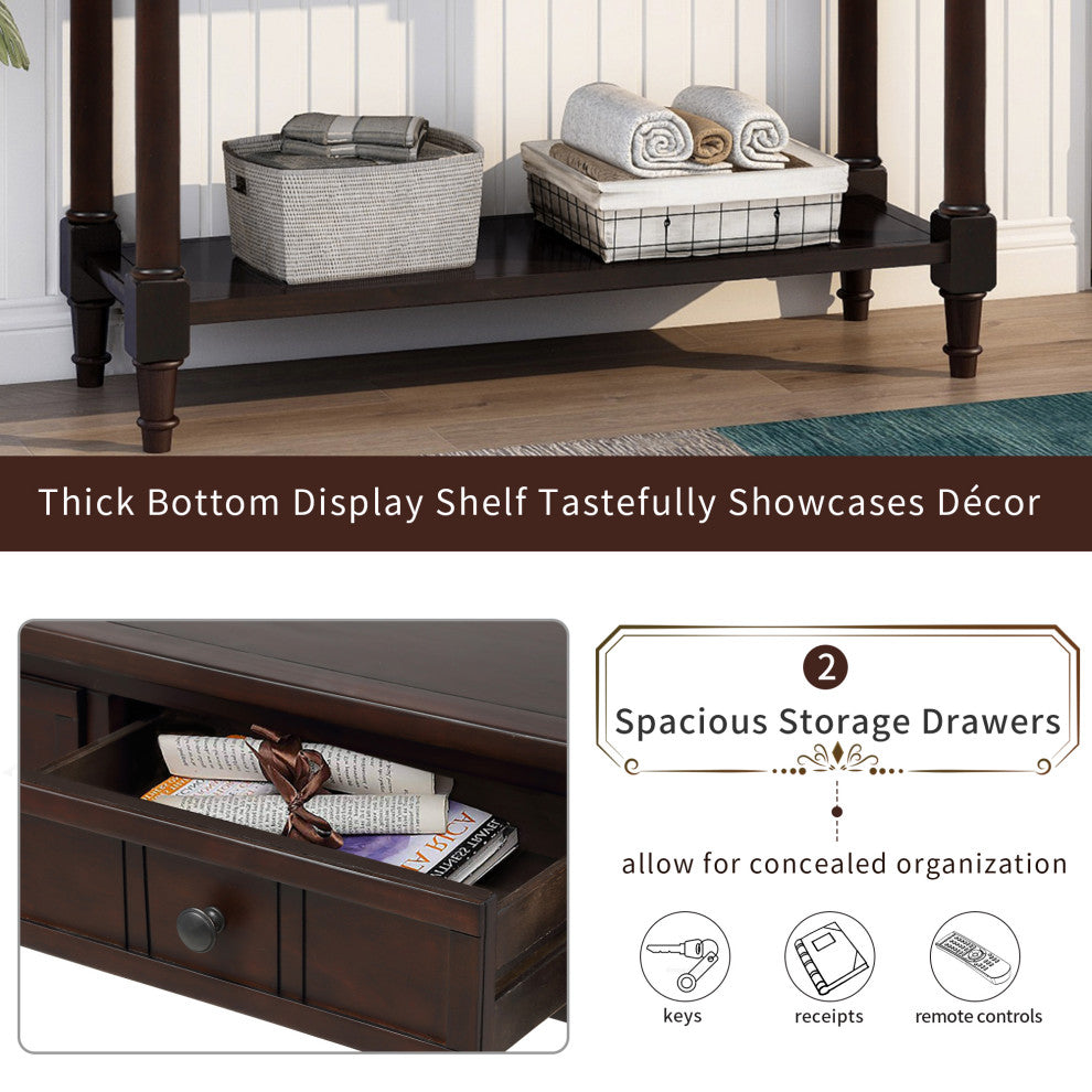 TATEUS Espresso Finish Solid Wood Console Table With Drawers, Espresso
