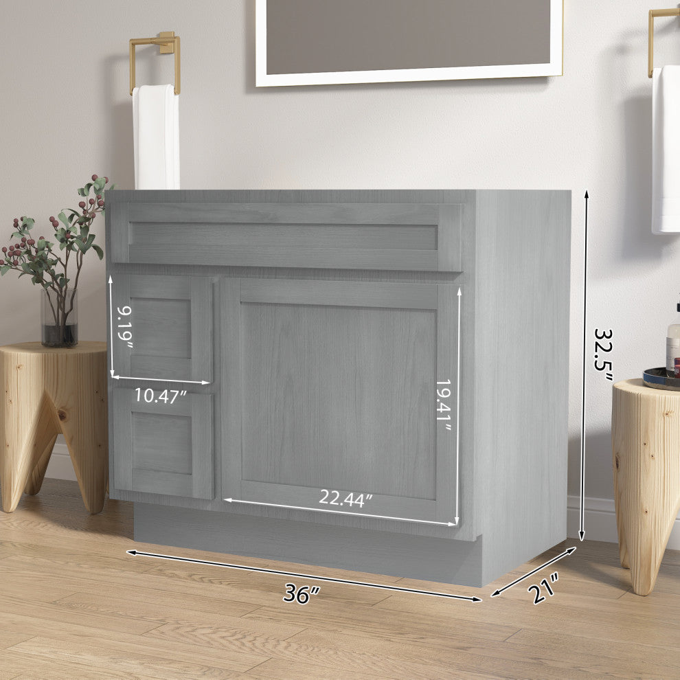 Vanity Art Vanity Base Cabinet, No Top, Drawers on Left, 36", Silver