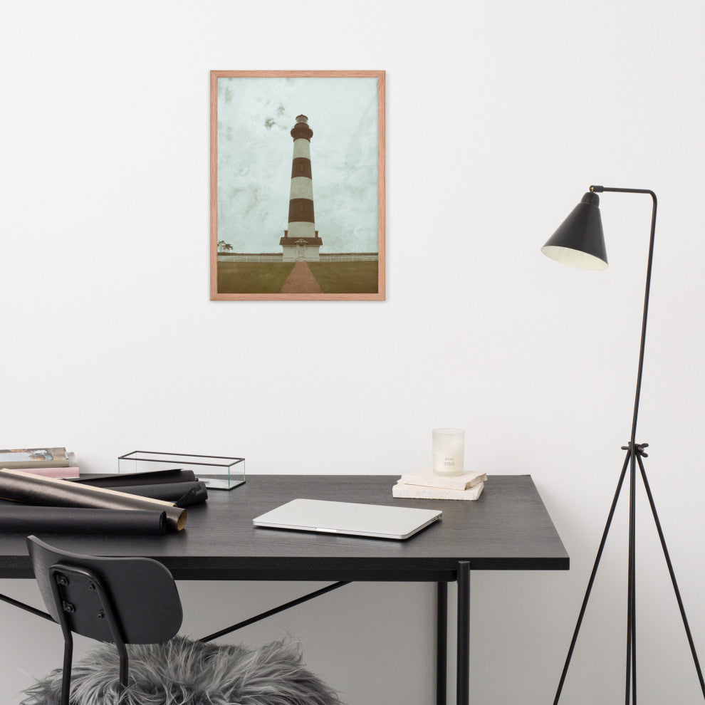 Aged Bodie Lighthouse Landscape Framed Photo Paper Wall Art Prints, Red Oak, 18" X 24"