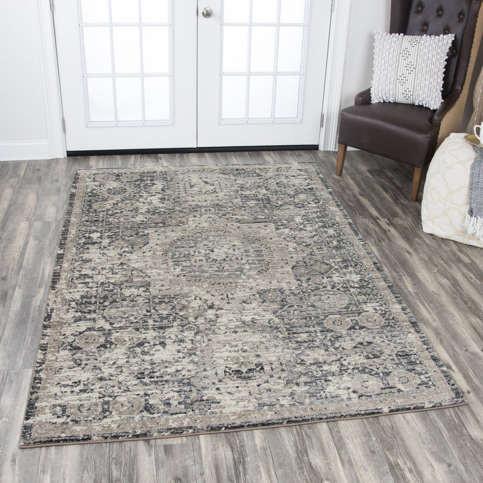 Panache PN6977 Gray Central Medallion Distress Area Rug, Runner 2'3"x7'7"