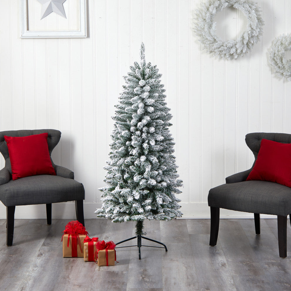 5' Slim Flocked Montreal Fir Artificial Christmas Tree, 150 Warm White LEDs