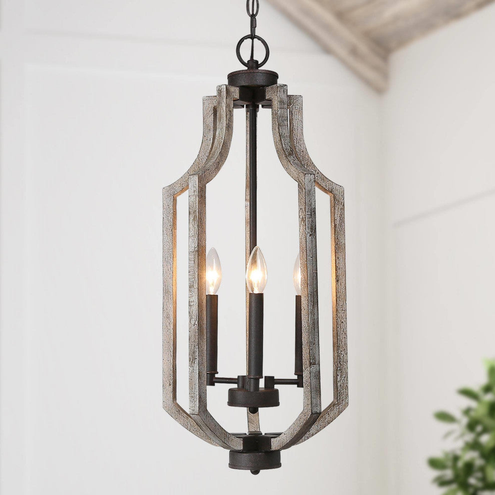 LNC Farmhouse Bronze 3-Light Lantern Wood Chandelier for Kitchan Island