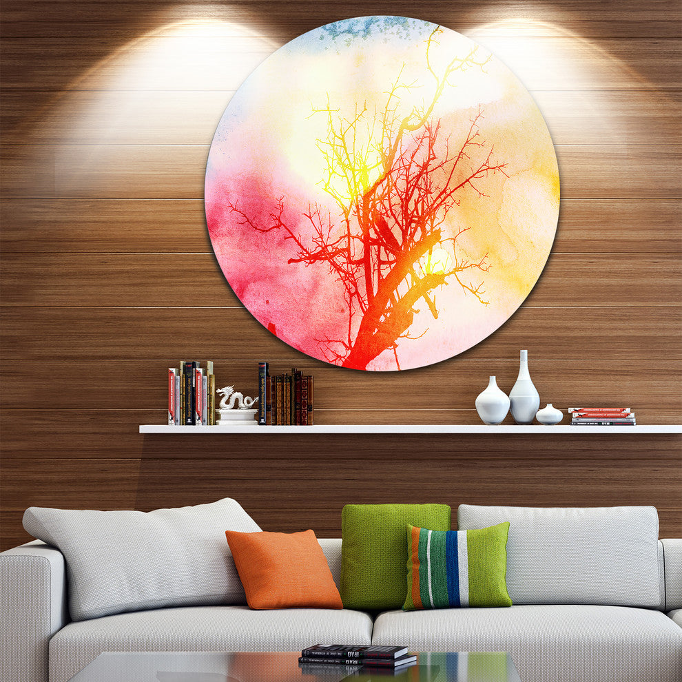 Tree With Colorful Smoke, Trees Painting Round Metal Wall Art, 11"