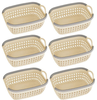 Rattan Plastic Weave Storage Bin, Beige, Small, 6-Pack