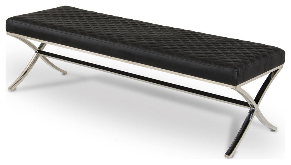 HomeRoots 63" Black Faux Leather and Stainless Steel Bench