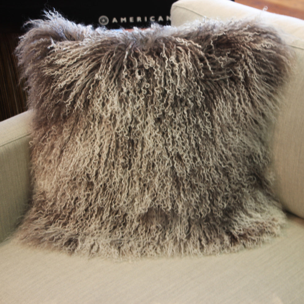 Genuine Mongolian Sheepskin Throw Pillow with Insert (16+ Colors), Frosted Gray