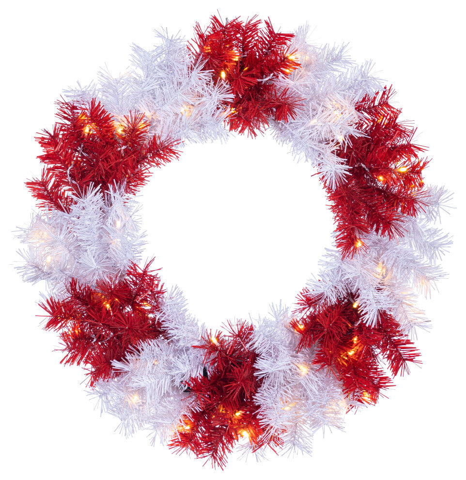 24" Pre-lit Red and White Wreath With B/O LED Clear and Multicolor Lights