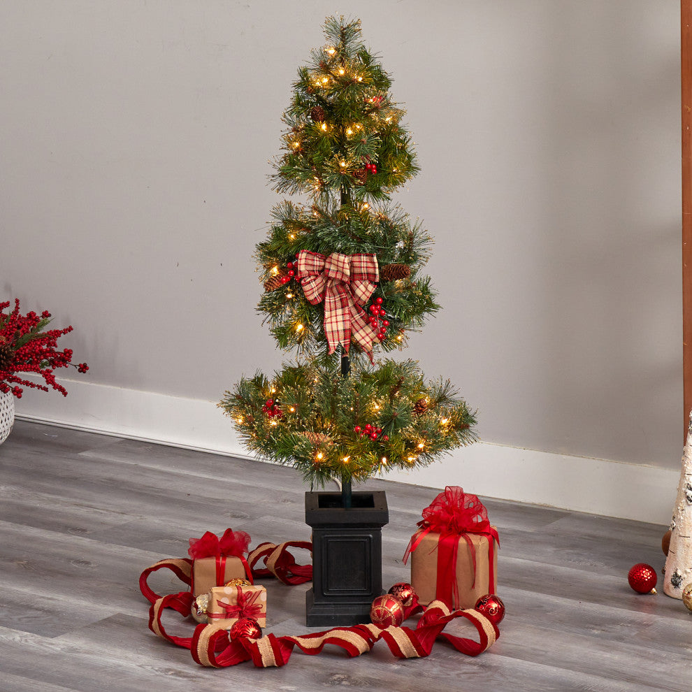 4' Xmas Faux Topiary Tree W/Ribbon, Berries, Lights & Bendable Branches, Planter