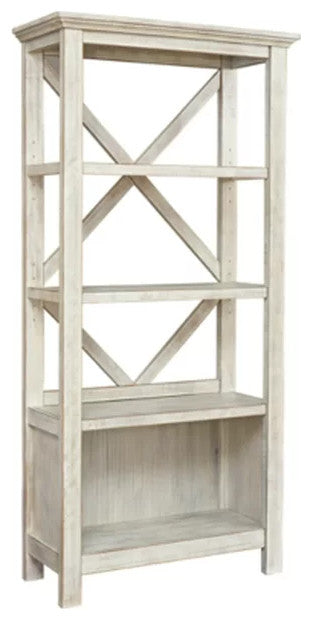 Farmhouse Bookcase, Lower Open Cubby & Open Shelves With X Back, Whitewash