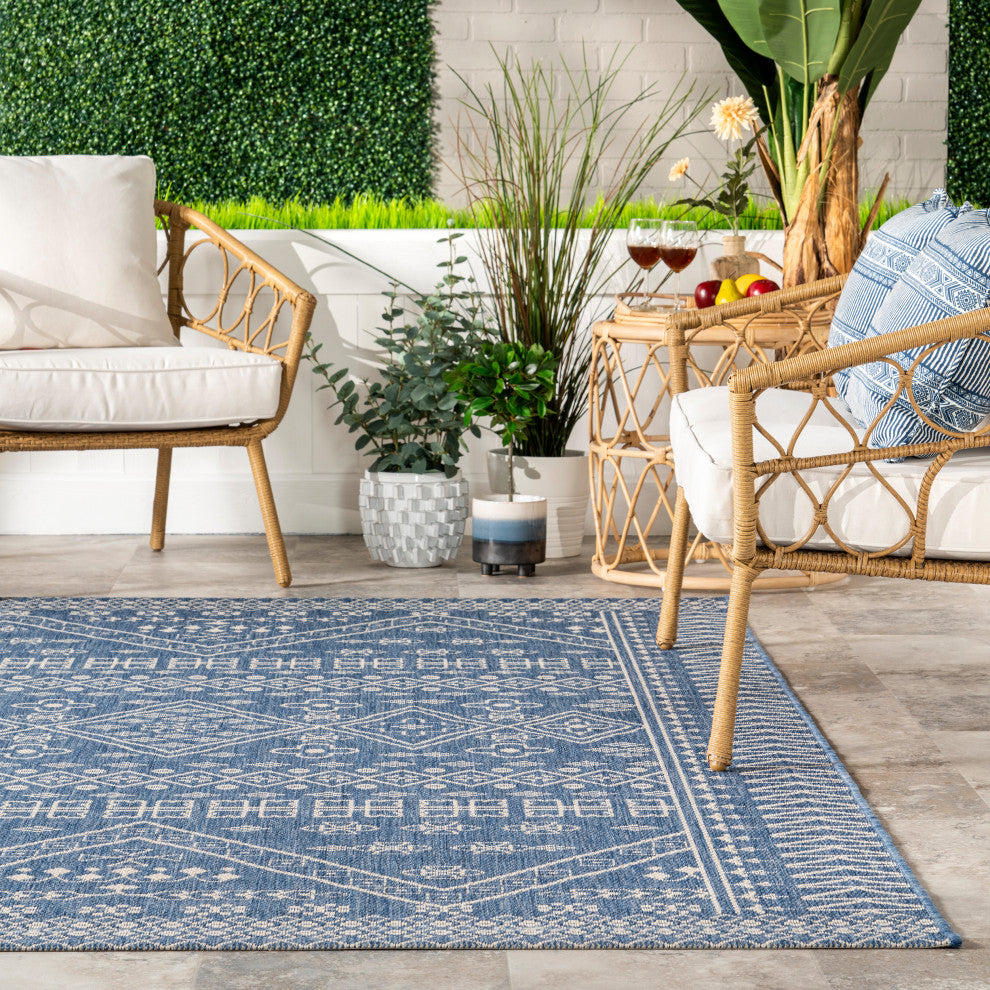 Nuloom Transitional Diamond Tribal Outdoor Area Rug, Blue 7'6"x10'9"