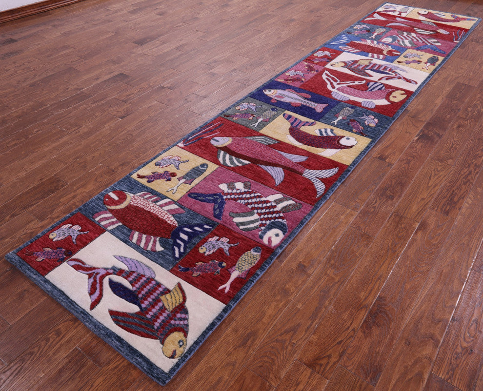 Runner Gabbeh Fish Design Hand-Knotted Wool Rug 3' 0" X 13' 9" - Q15789