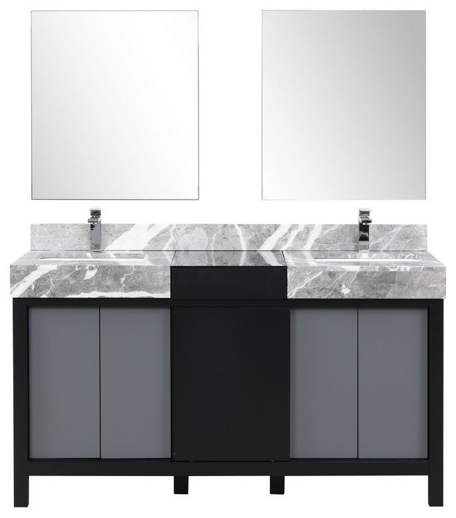 Zilara 60" Black and Grey Double Vanity Set, Monte Chrome Faucet Set