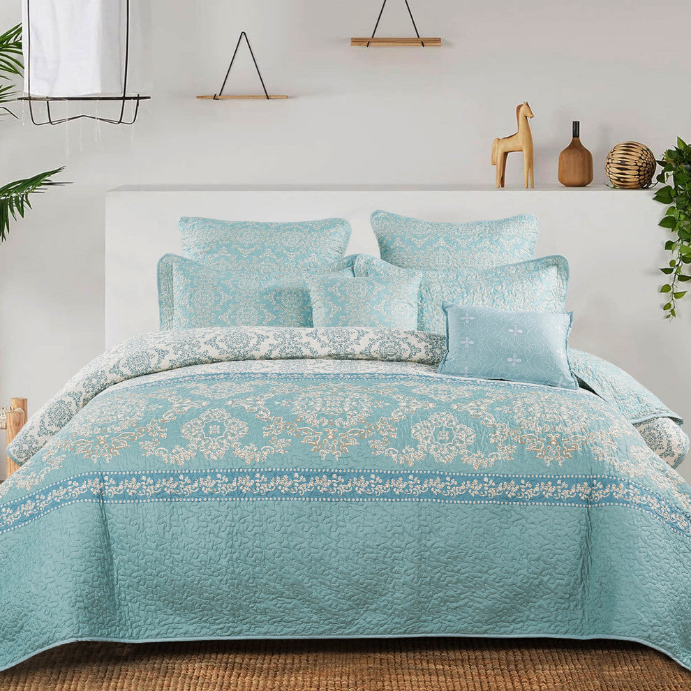 Mystic Quilted 7-Piece Bed Spread Set, Teal/Turquoise, Over-Sized King