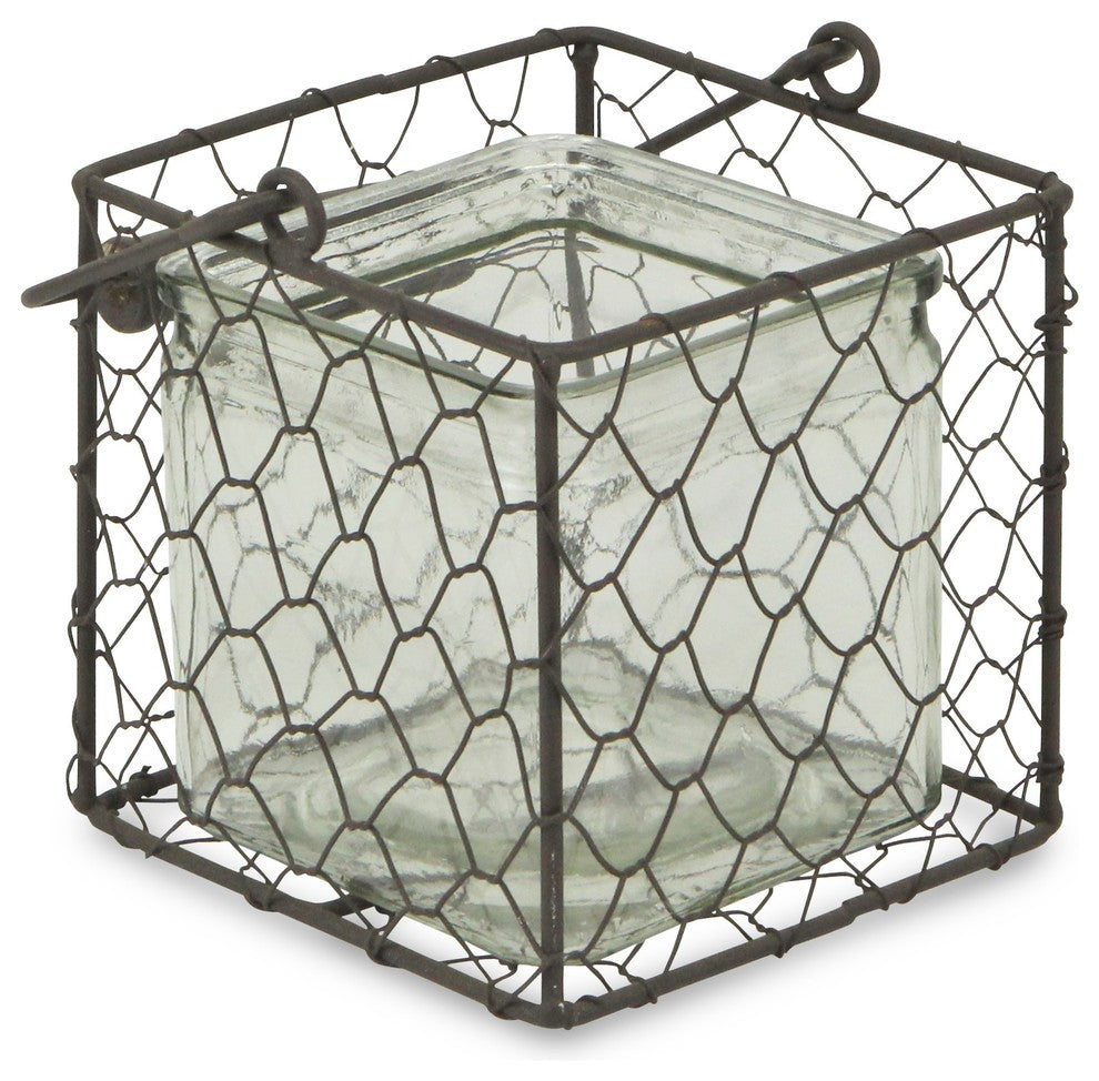 Square Wire Basket With Glass Jar, Brown, Large, Medium