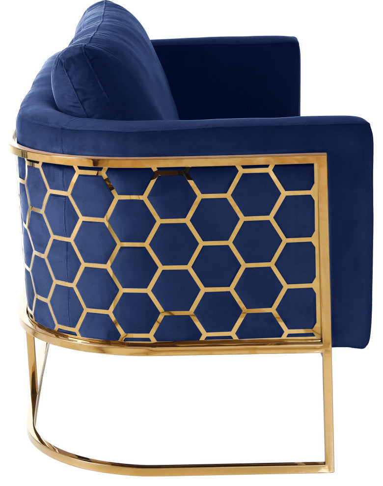 Casa Velvet Upholstered Sofa, Navy, Gold Finish