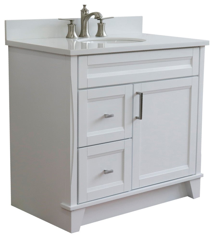 37" Single Sink Vanity, White Finish With White Engineered Stone Top