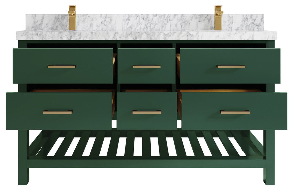 Parker 60 Double Sink Bathroom Vanity in Lafayette Green  2" Carrara Marble