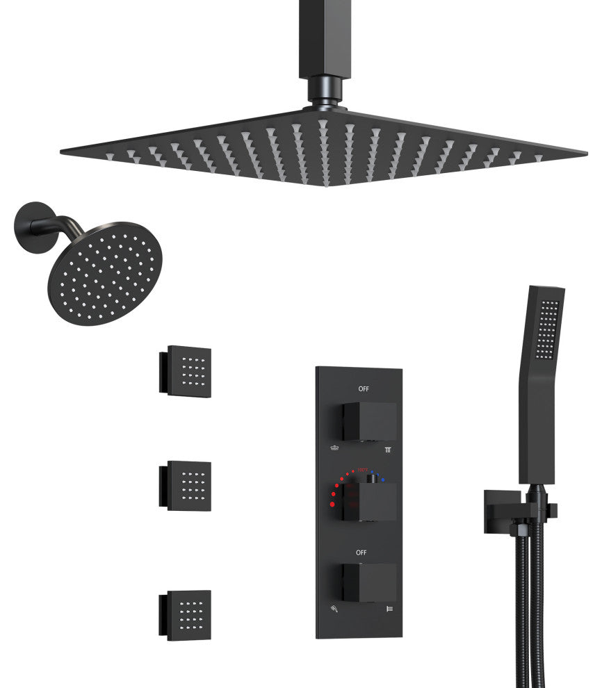 Thermostatic Dual Heads 12" Rainfall Shower System With 3 Body Jets, Matte Black