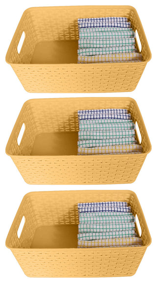Plastic Rattan Storage Box Basket Organizer, Beige, Medium-Pack of 3