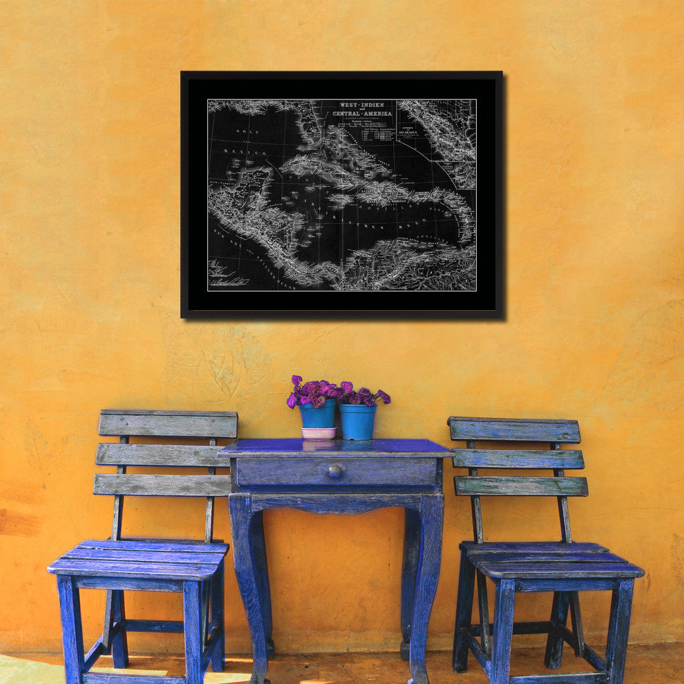 West Indies Old Monochrome Map Print On Canvas With Black Frame, 28" X 37"