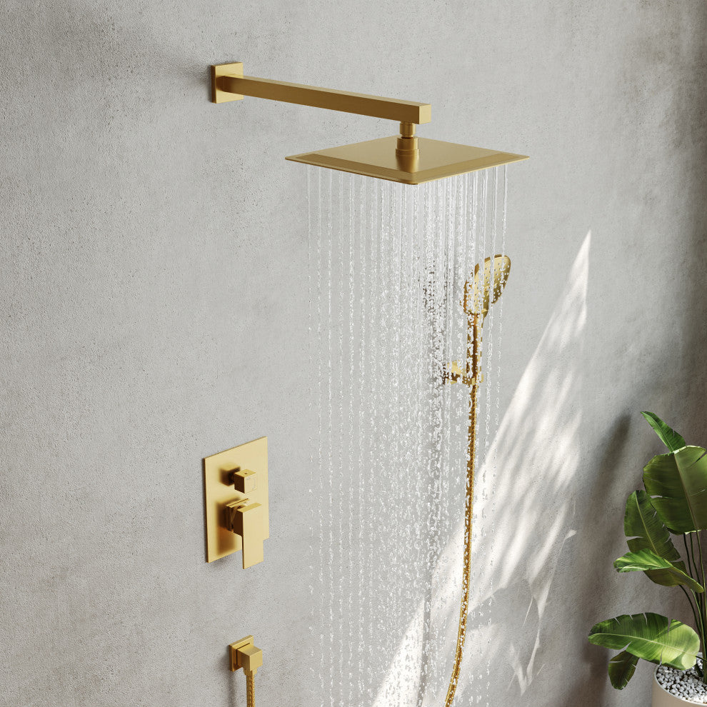 Pressure Balanced Shower System with 3-Setting Hand Shower, Brushed Gold, 10"