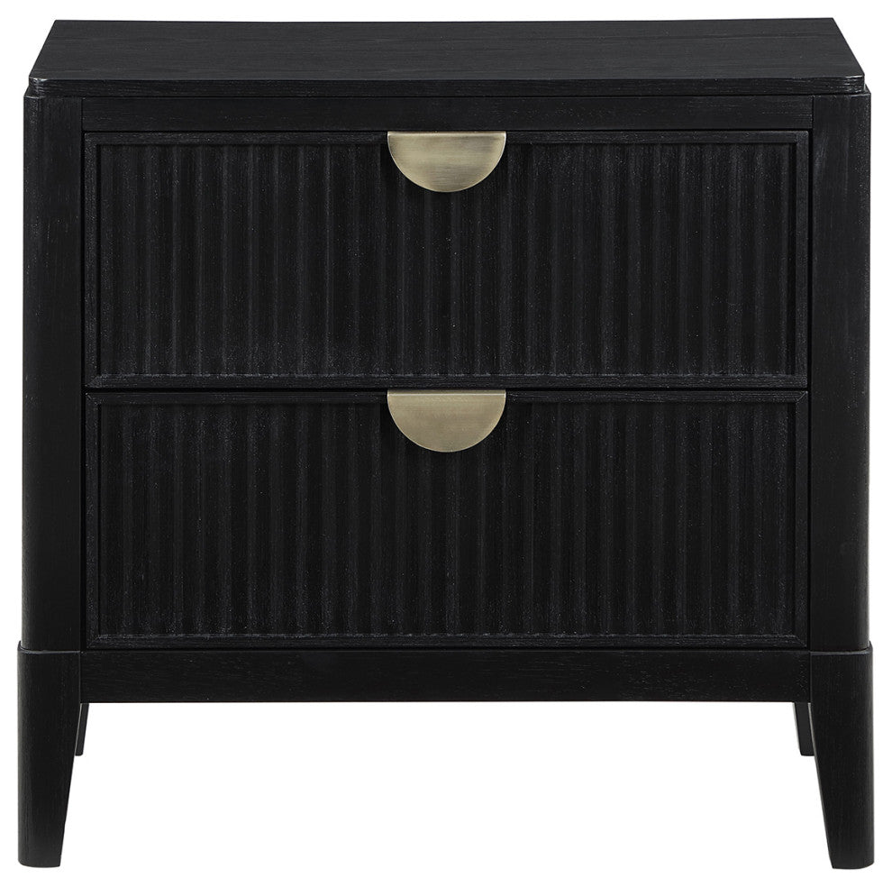 2 Drawers Wooden Nightstand With Demi-lune Metal Handles, Black
