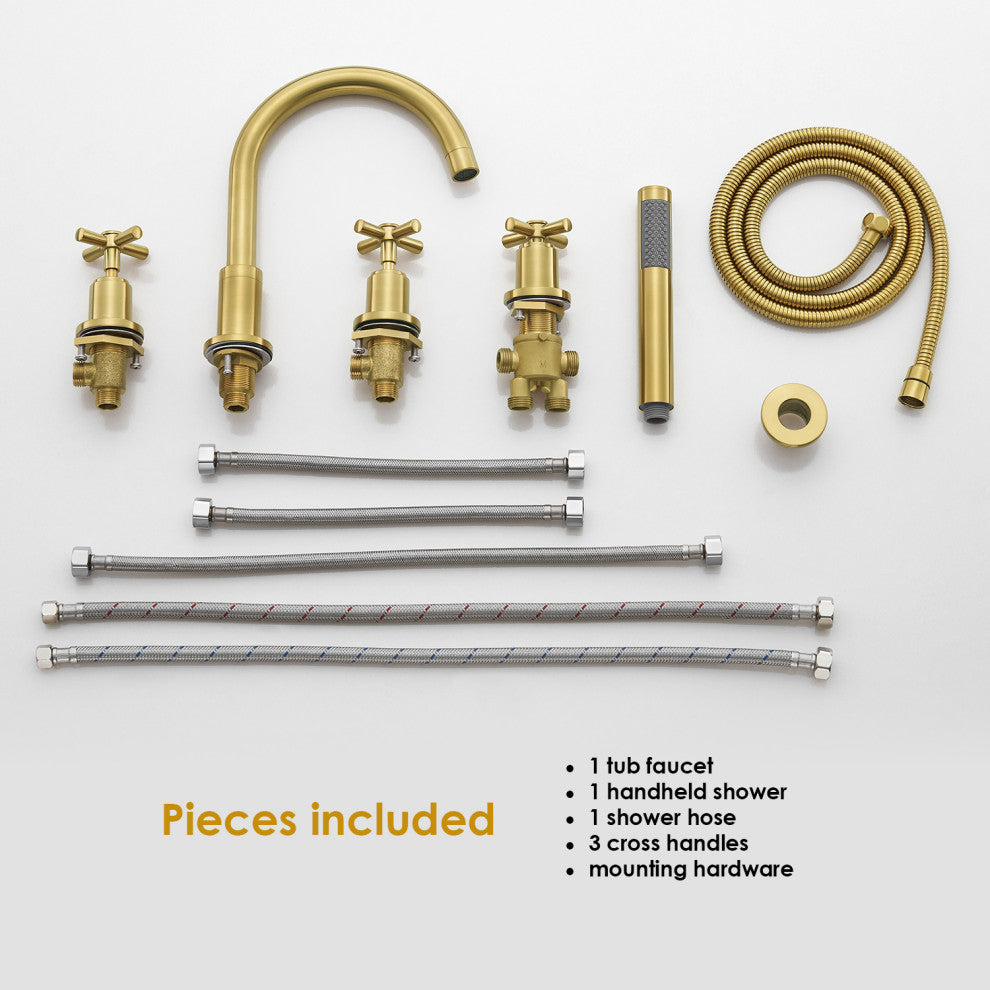 Sorlia Cross Handles Deck-Mount Roman Tub Faucet With Handshower, Brushed Gold