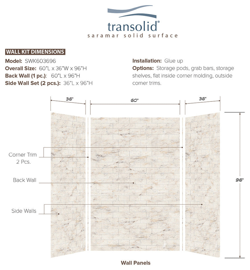 Transolid SaraMar 36"x60"x96" 3-Piece Shower Wall Kit, Biscotti Marble