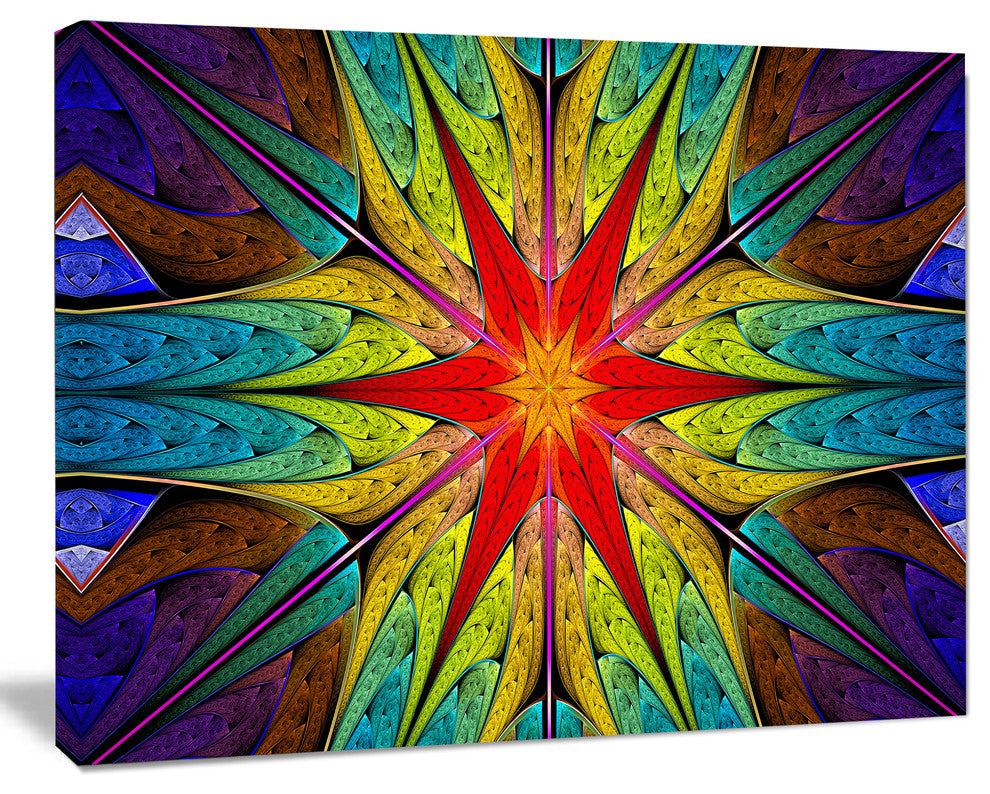 Stained Glass with Bright Red Star, Oversized Abstract Canvas Art Print, 60x40