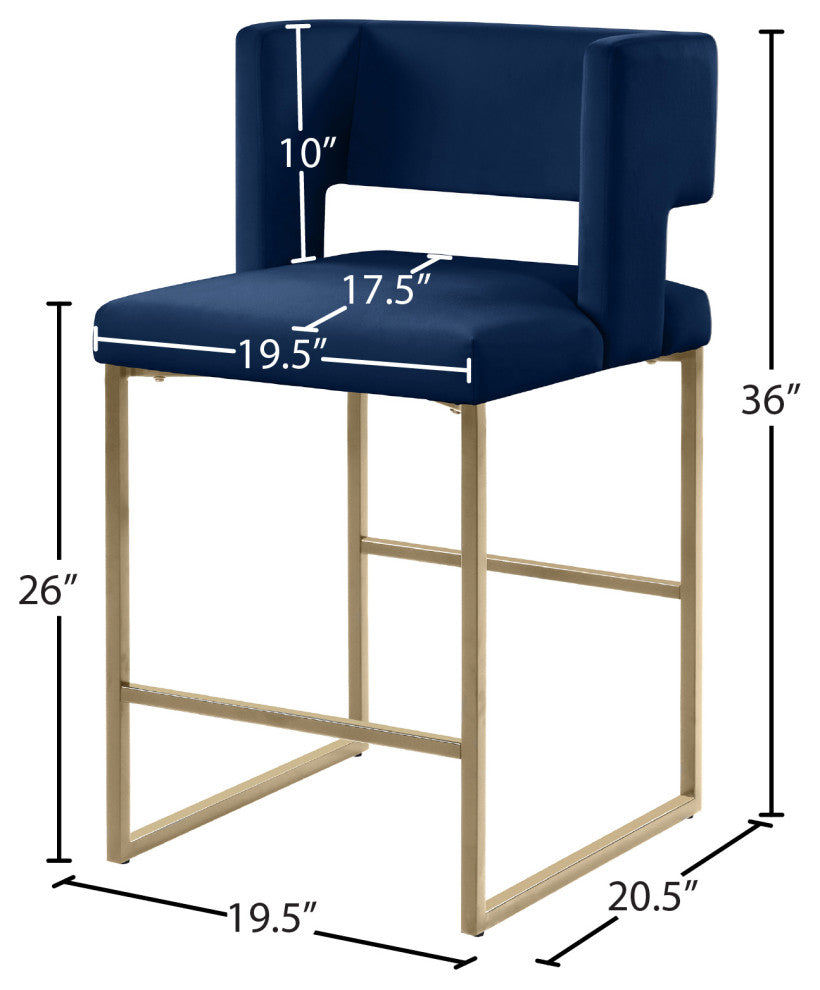Caleb Upholstered Counter Stool, Set of 2, Navy, Velvet, Brushed Gold
