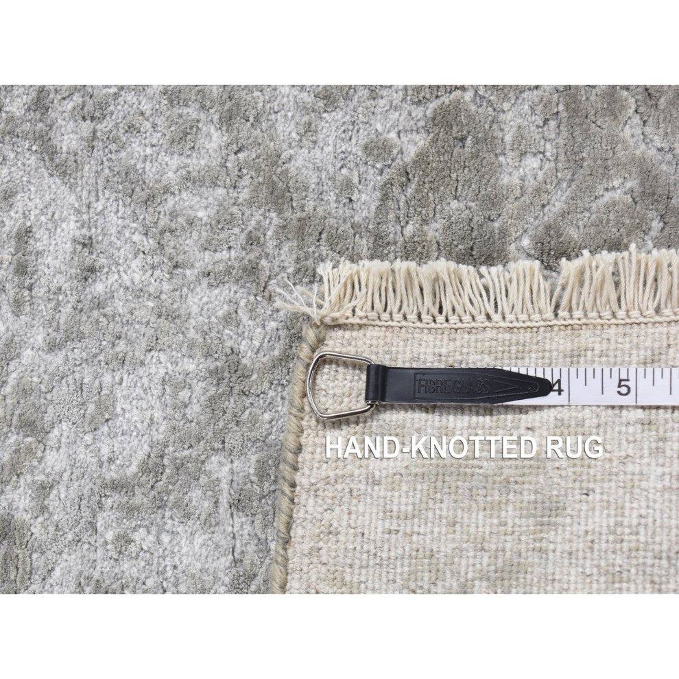 Gray Hand Knotted Wool and Silk Erased Persian Design Runner Rug 2'7" x 6'