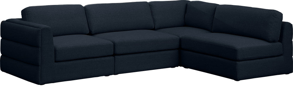 Beckham Linen Textured Fabric 4-Piece Modular L-Shaped Sectional, Navy