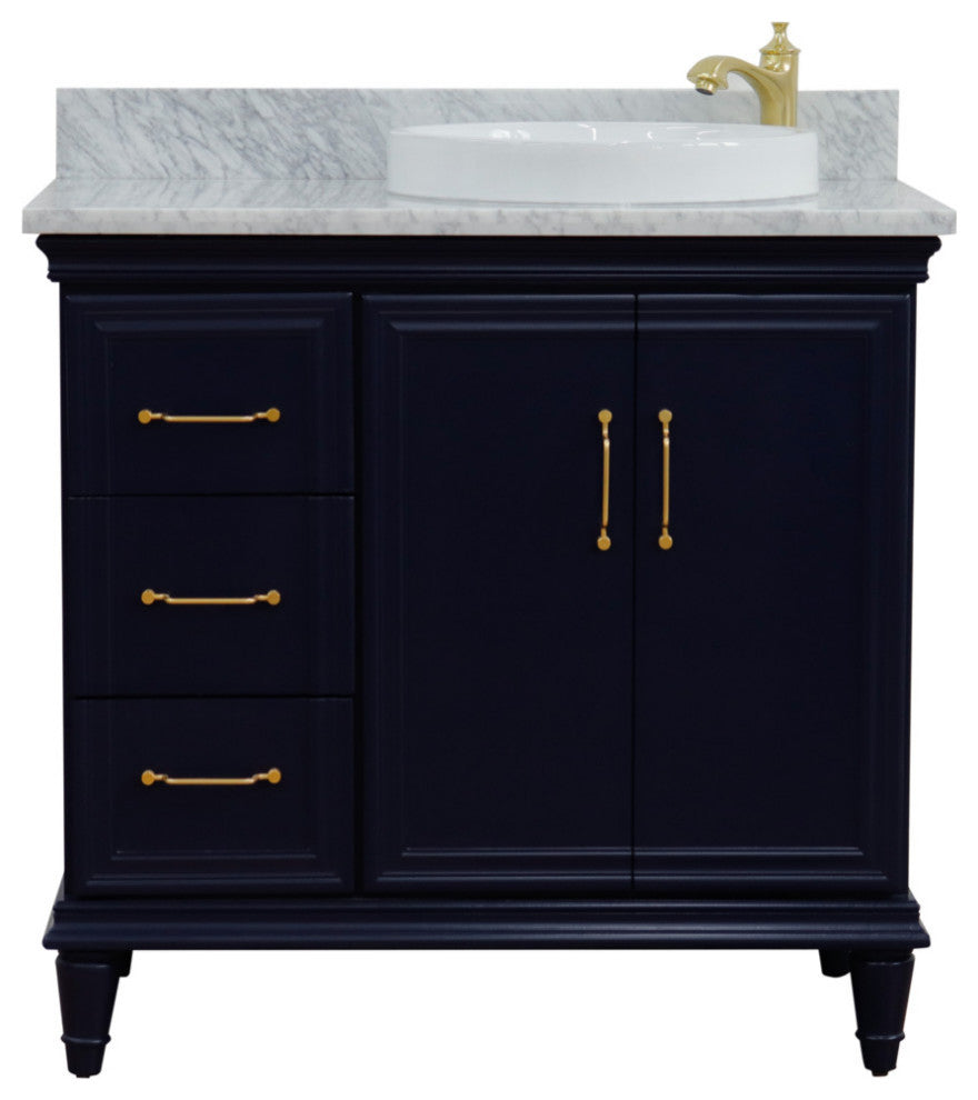 37" Single Vanity, Blue Finish With White Carrara