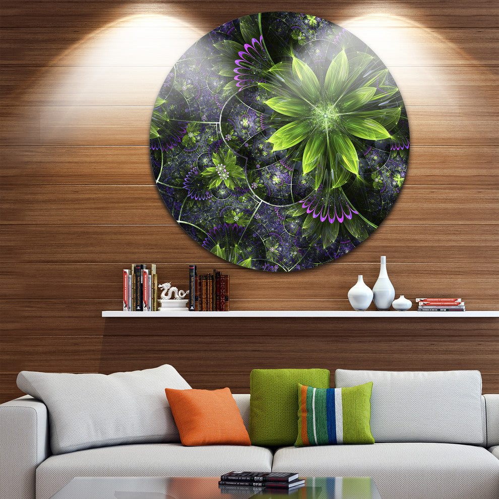 Glossy Green Purple Fractal Flowers, Floral Disc Metal Artwork, 36"