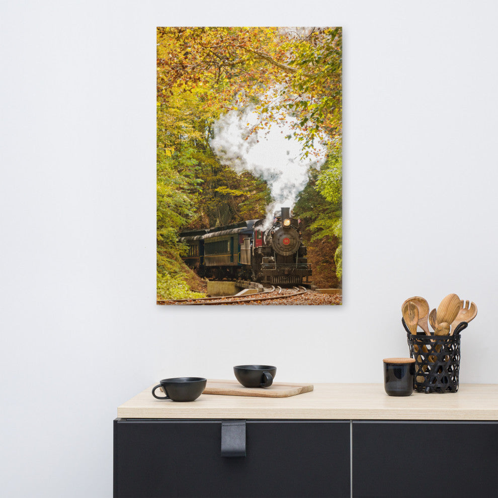 Steam Train with Autumn Foliage Landscape Photo Canvas Wall Art Print, 24" X 36"