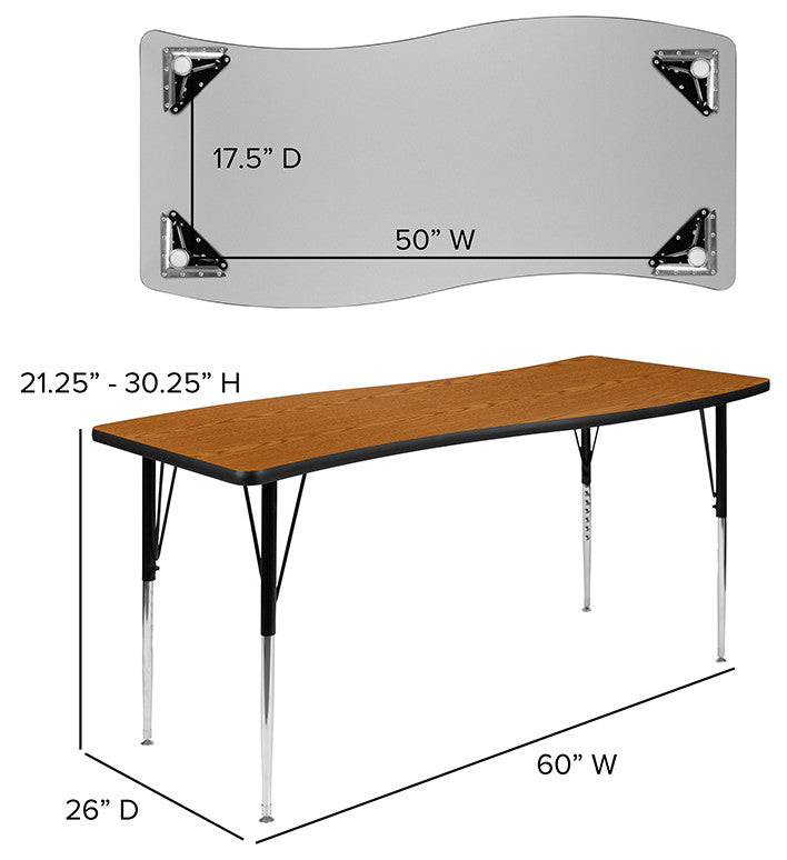 26"W x 60"L Rectangular Activity Table - Standard Height Adjustable Legs, Oak