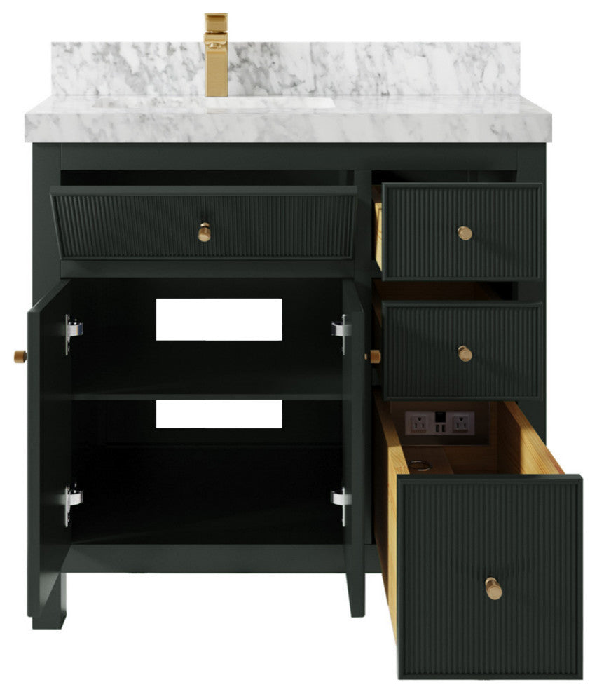 Sonoma 36 Left Offset Reeded  Bath Vanity in Dark Forest Green 2" Carrara Marble