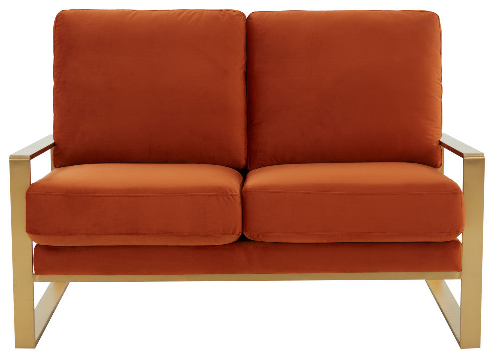 LeisureMod Jefferson Modern Design Velvet Loveseat With Gold Frame, Orange
