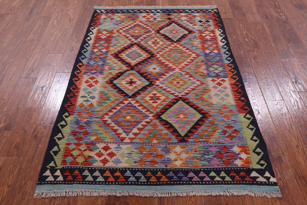 4' 3" X 6' 0" Reversible Flat Weave Kilim Wool On Wool Rug Q9488