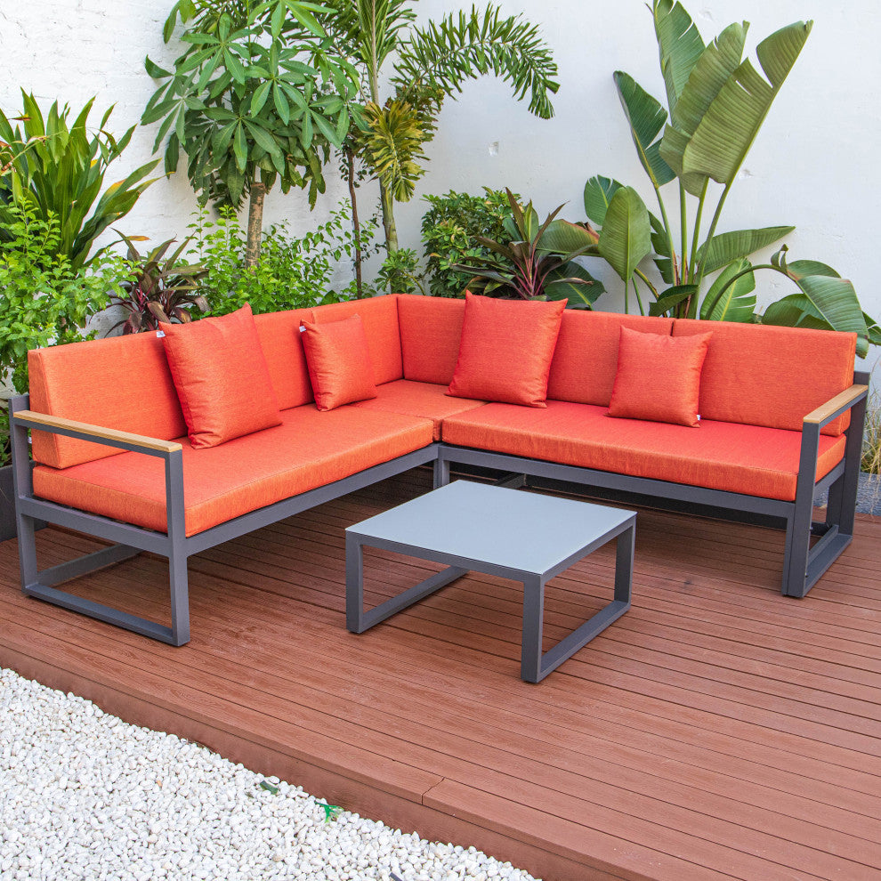 LeisureMod Chelsea Modern Black 3 Piece Outdoor Aluminum Sectional Set for Patio, Orange