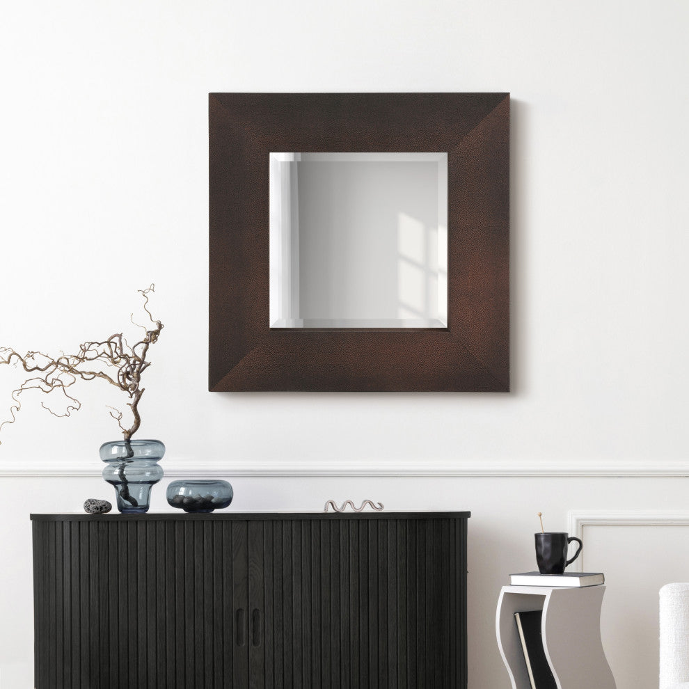 Beveled Wall Mirror, Bronze on Black Metallic Shagreen Leather Framed Mirror