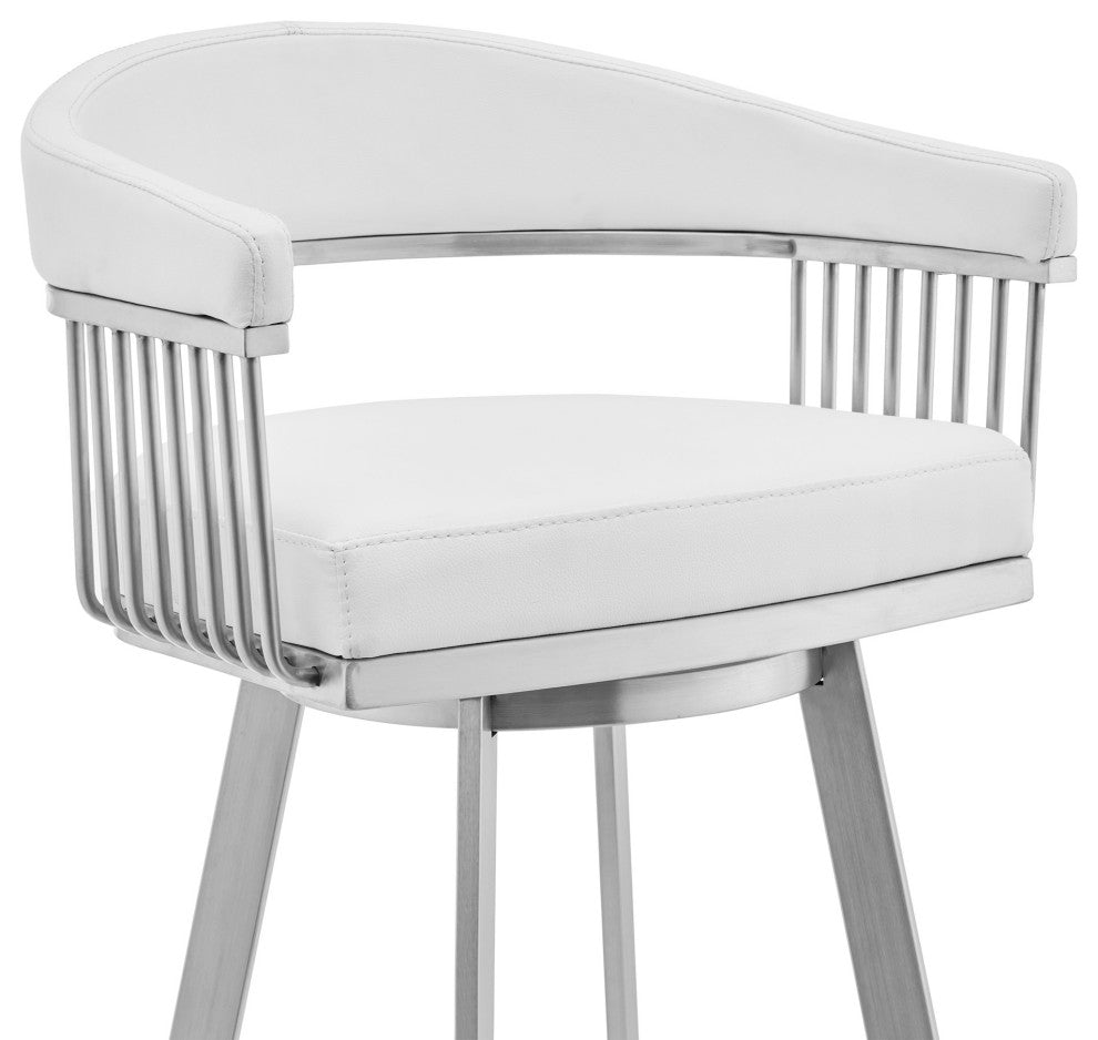 30" Mod White Faux Leather Brushed Silver Finish Swivel Bar Stool