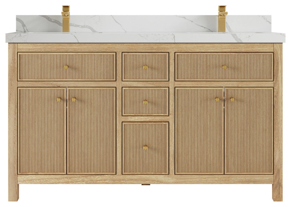 Sonoma 60 Double Bathroom Vanity in Light Natural Teak with 2" Calacatta Laza