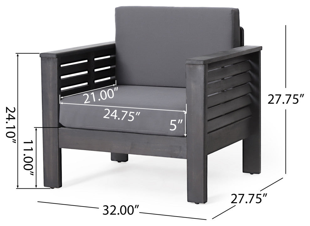 Rabun Outdoor Acacia Wood Club Chairs with Cushions, Dark Gray, Single