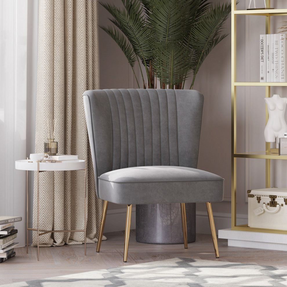 Modern Velvet Accent Chair With Metallic Legs And Channel Tufting, Gray