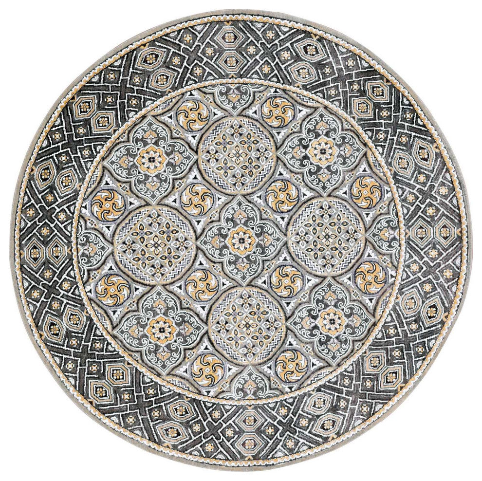Taupe/Brown Wool Silk Mughal Inspired Hand/Knotted Round Rug, 6'1"x6'1"