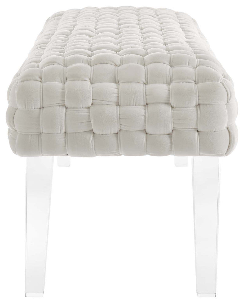 Ottoman Bench, White, Velvet, Modern, Mid Century Hotel Lounge Cafe