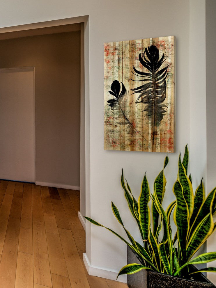 "Beautiful Black Feathers" Print on Natural Pine Wood, 24"x36"