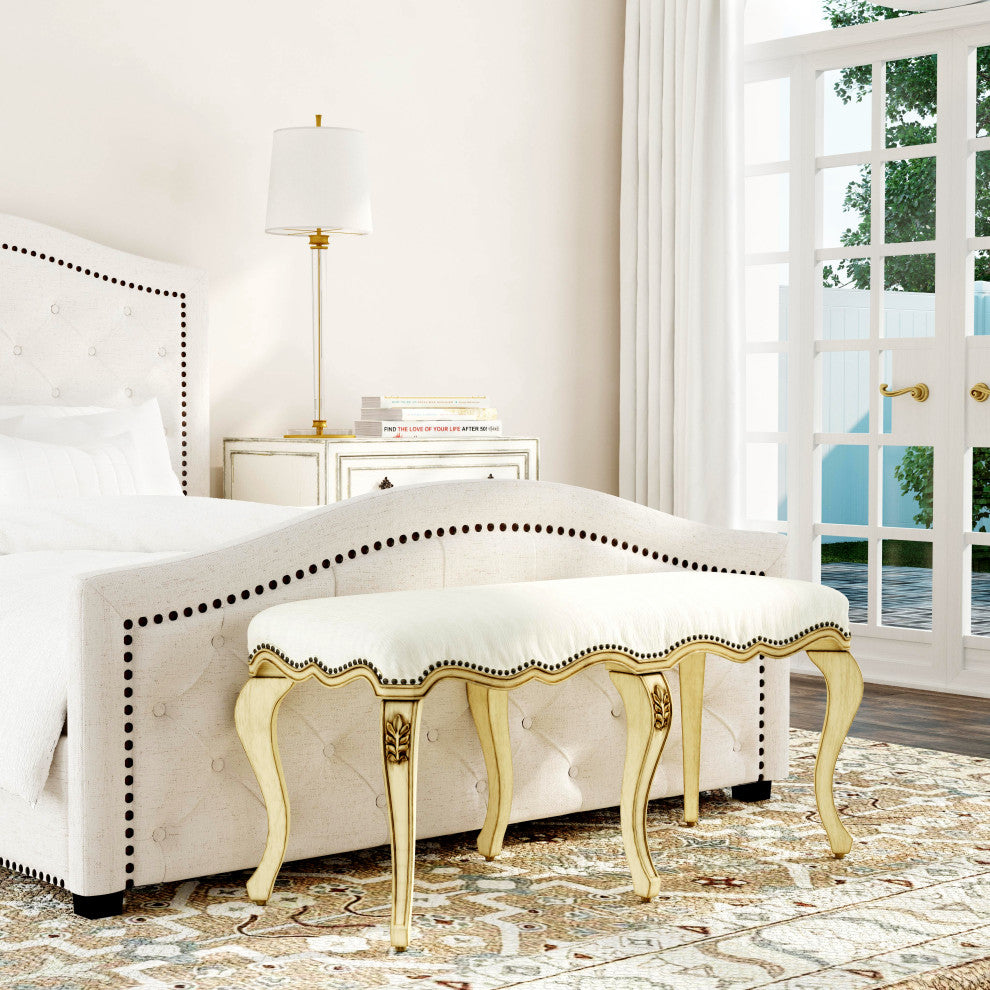 Michelline Upholstered 42"W Bench, Antique Beige